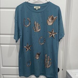 Blue Graphic T-Shirt with Western sequin embellishments